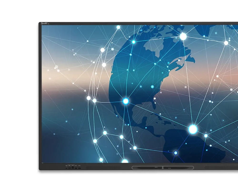 SMART Board GX series interactive display showcasing a high-definition graphic of a stylized global network with connections and nodes across a map of the Earth, symbolizing worldwide connectivity.