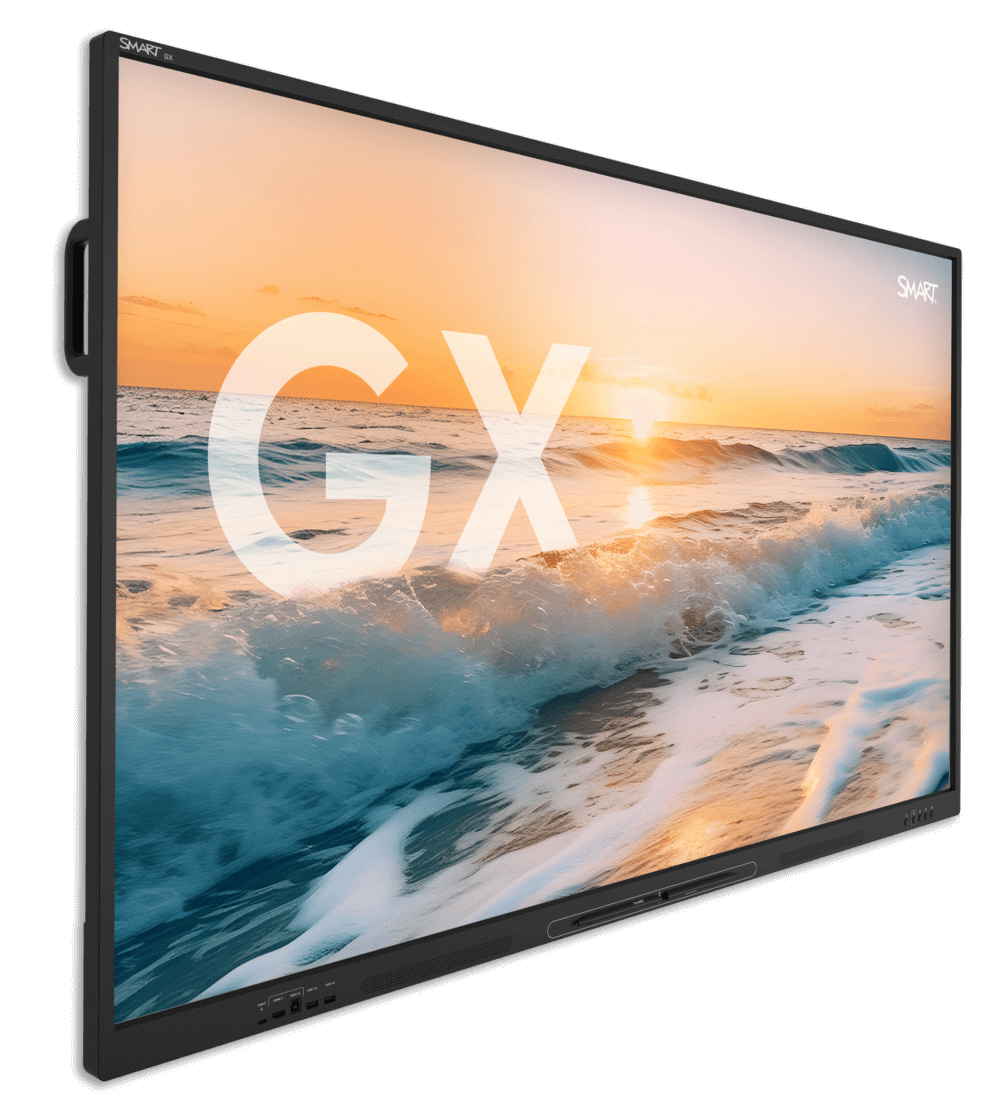SMART Board GX Series interactive display featuring a vibrant ocean sunset, symbolizing industry-leading interactivity with a commitment to the future.