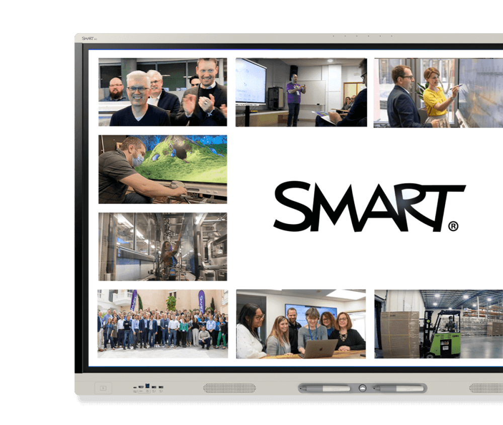 Interactive display by SMART showcasing a collage of diverse workplace scenarios including team meetings, presentations, manufacturing, and a large group photo, symbolizing the company's collaborative solutions in various professional environments.