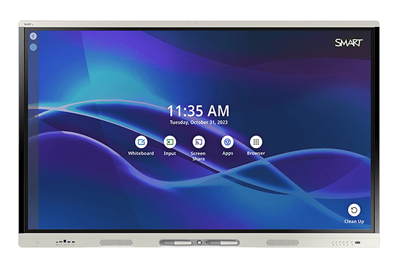 MX Pro interactive display showing a vibrant home screen with quick access icons for Whiteboard, Input, Screen Share, Apps, and Browser, highlighting its user-friendly interface and smart features for productivity.