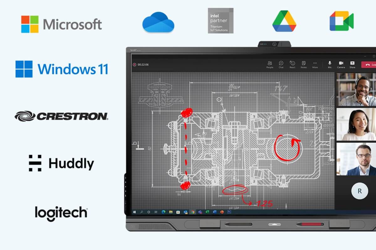 Image showcasing our interactive display's compatibility with leading technology partners including Microsoft, Windows 11, Intel, Google, Crestron, Huddly, and Logitech, highlighting the device's integration capabilities in advanced digital workspaces.