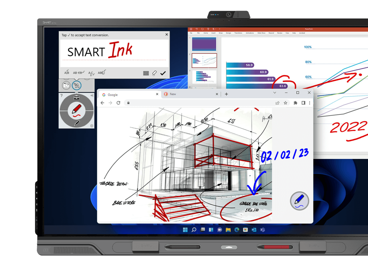 QX Pro Interactive display featuring SMART Ink with a detailed architectural drawing, highlighting the capability for precise annotations and seamless integration.