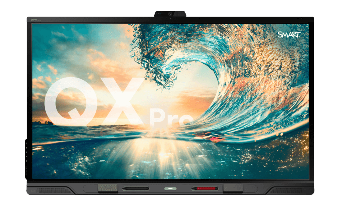 Front view of the QX Pro interactive display showing vibrant abstract wallpaper, showcasing high-definition screen quality.