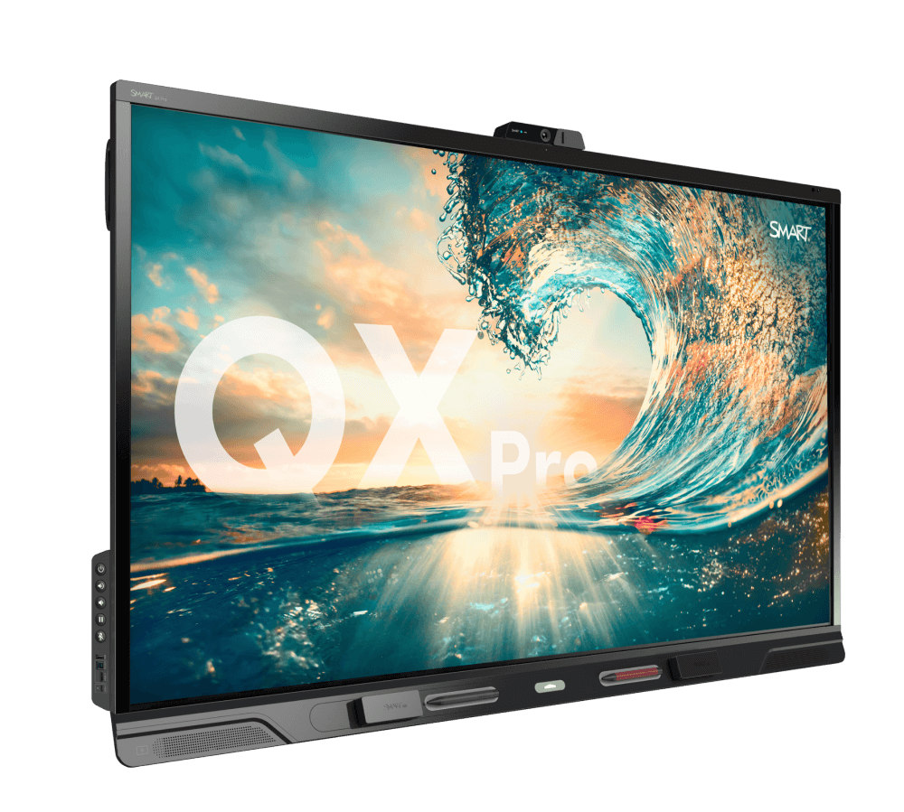 Side angle view of the QX Pro interactive display with slim profile design, emphasizing its sleek build and modern look.
