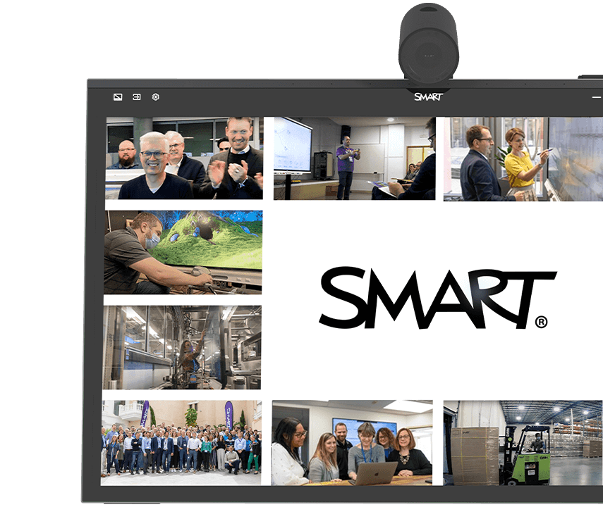 A SMART Board Mini Interactive Podium showcasing the SMART Technologies branding and team collaboration moments.
