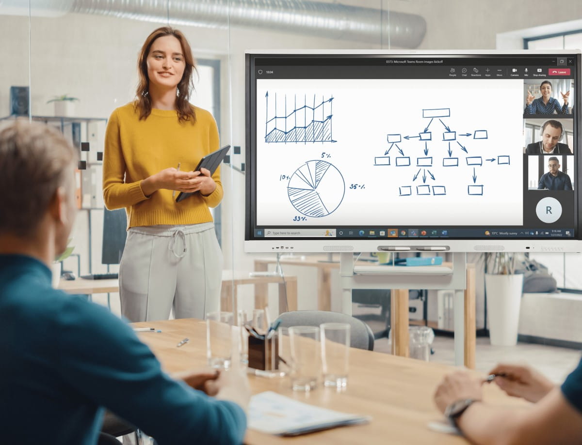 A presenter sharing insights while participants collaborate through Microsoft Teams in a hybrid meeting setup.