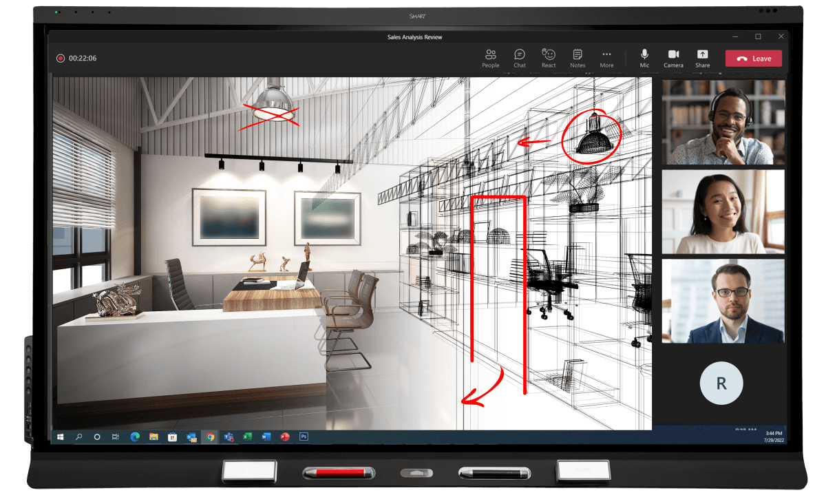 Detailed design plans displayed on a SMART Board with crystal-clear 4K UHD clarity, enabling both in-room and remote participants to collaborate effectively.