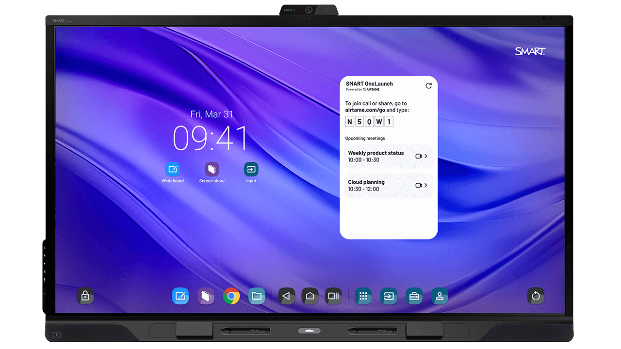 SMART Board QX Pro with SMART OneLaunch interface showing time, call join instructions, and upcoming meetings