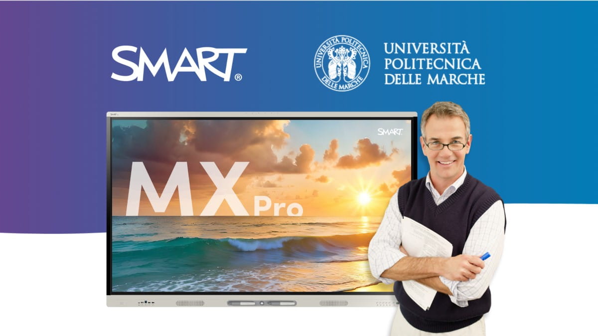 A professor standing in front of a SMART Board MX Series, and above, the SMART and Universita Politecnica Delle Marche appear on a purple and blue gradient background.