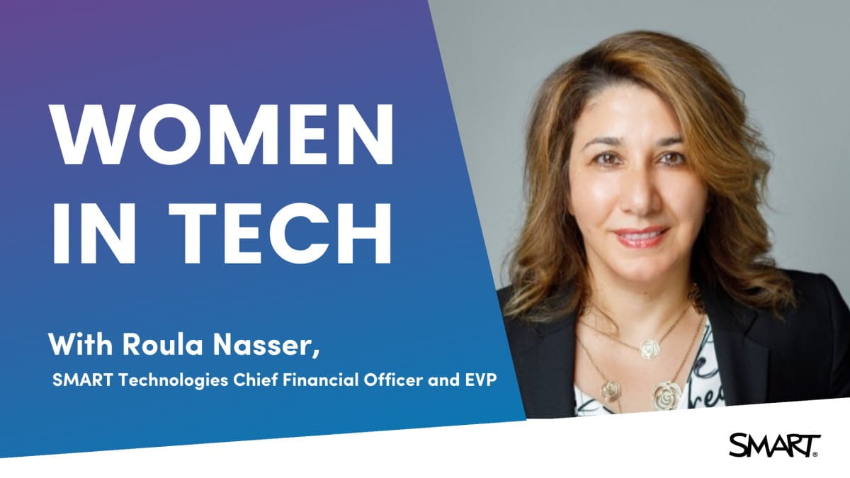 Graphic featuring an image of Roula Nasser and the text reads “Women in Tech.”