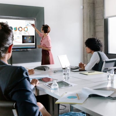 A group of five professionals working collaboratively in a meeting room, using annotations to markup their documents on a SMART Interactive Display.