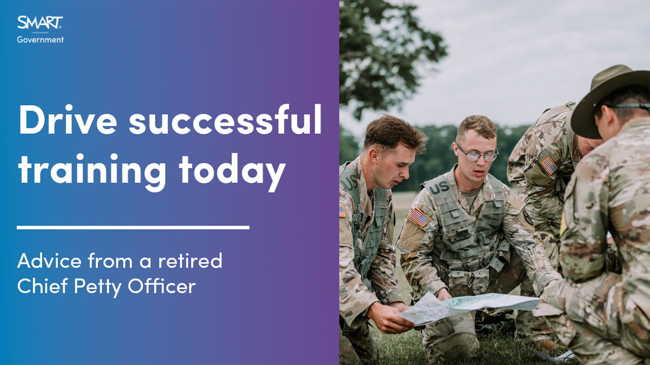 Military personnel reviewing a map during a field training exercise with gradient text reading 'Drive successful training today. Advice from a retired Chief Petty Officer.'