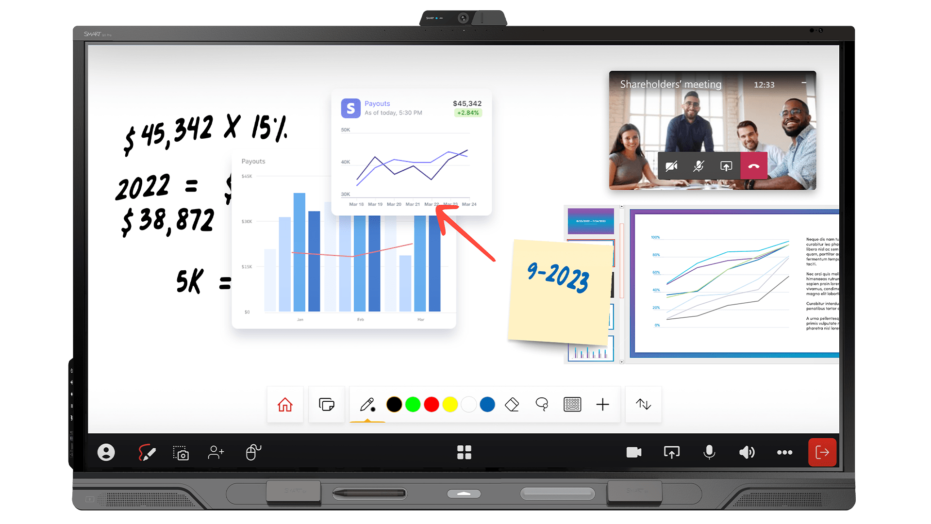 A SMART Board displaying a whiteboard-like interface on its screen. The interface appears to be a digital whiteboard, with various tools and options visible for writing, drawing, and editing content.