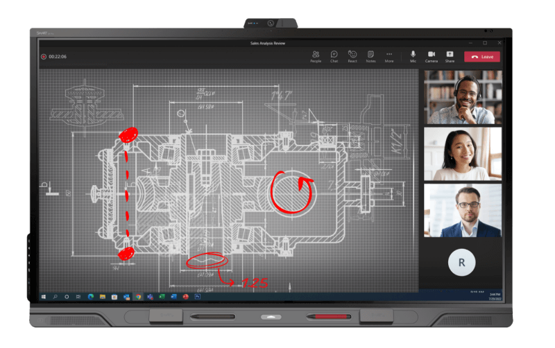 Interactive display showing a construction blueprint with annotation tools and video call interface.