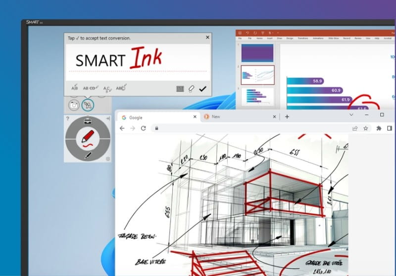 A close-up of a SMART interactive display showcasing annotation capabilities with SMART Ink, highlighting handwritten notes on a digital architectural drawing.