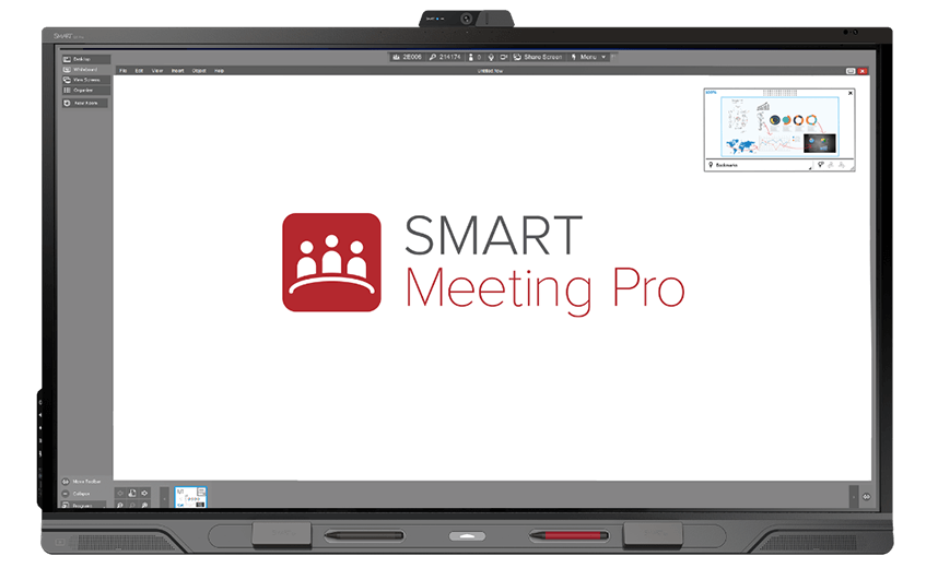 An interactive display screen featuring the user interface of SMART Meeting Pro, emphasizing its capability for connecting multiple devices and collaborative work.