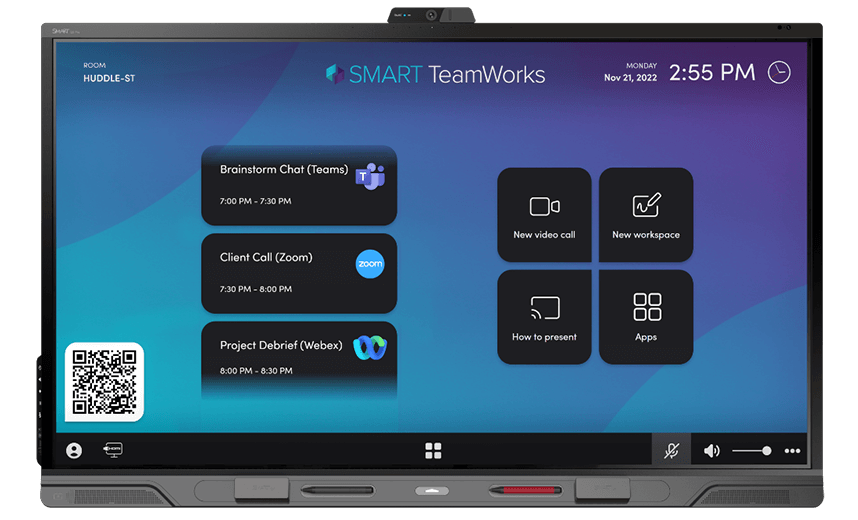 A vibrant SMART Board screen displaying the SMART TeamWorks software with a user-friendly interface for meeting management and scheduling.