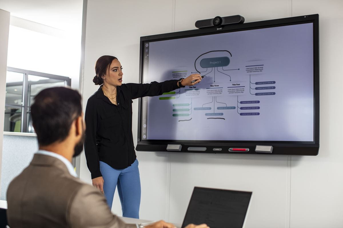 A group of professionals taking part in corporate training using an interactive display