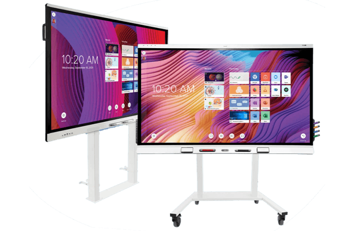 Two SMART Boards displayed on mobile stands with interactive screens showing educational content.