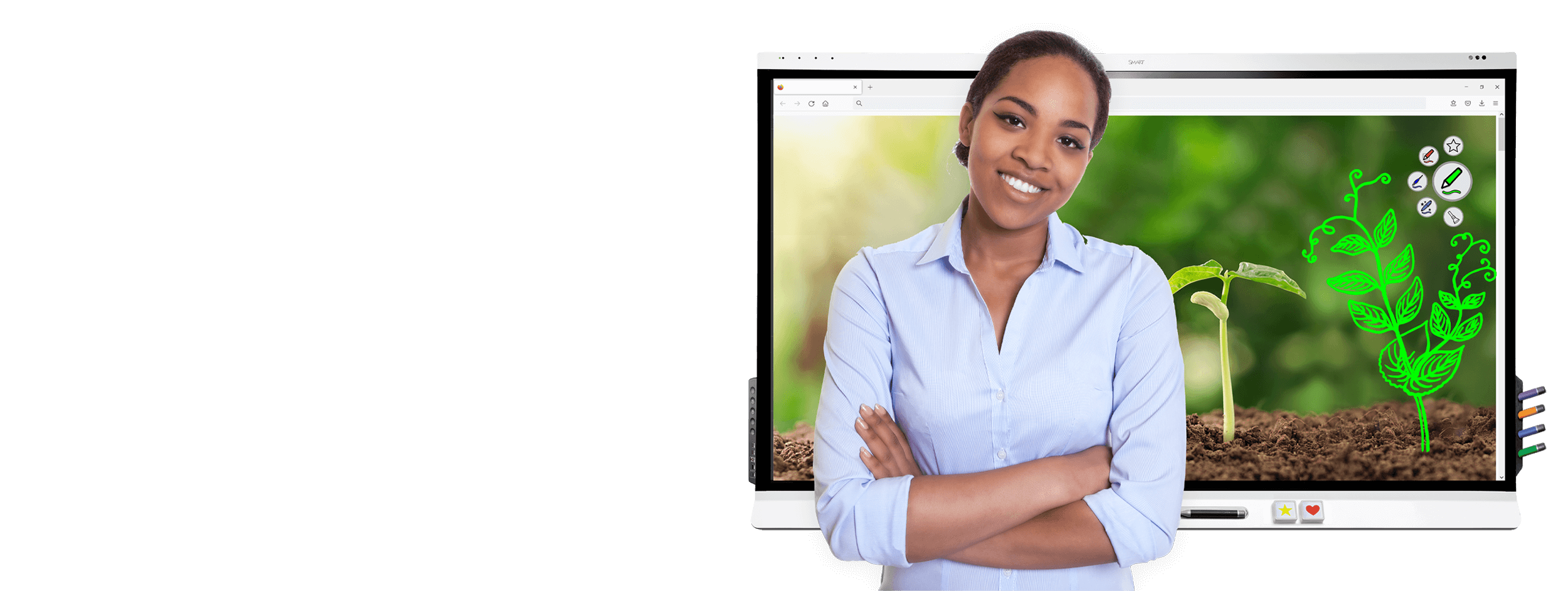 An educator stands in front of a SMART board.