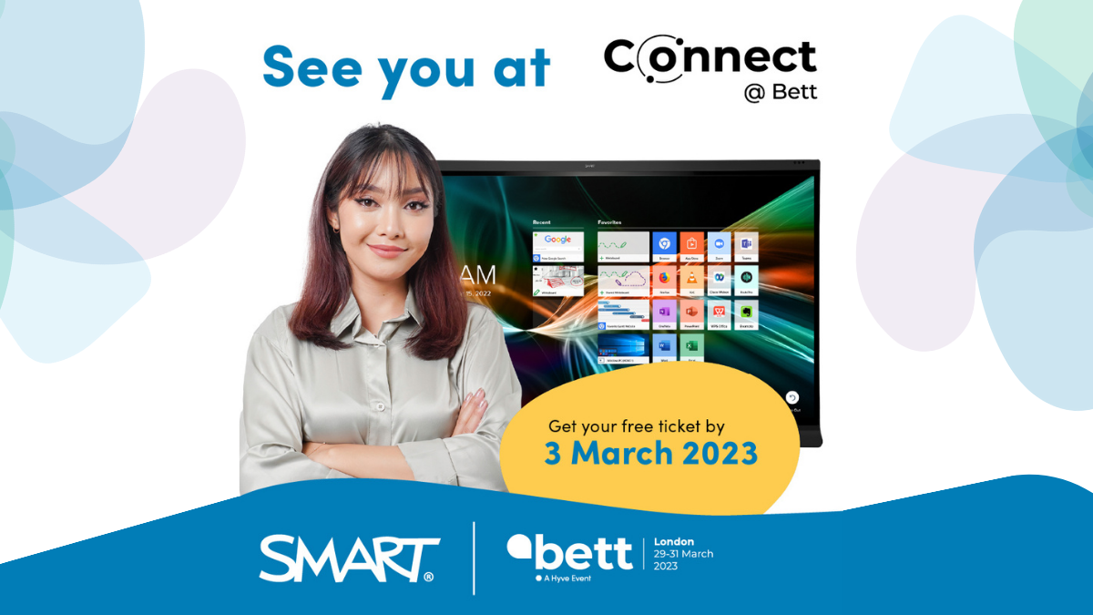 A woman standing in front of a SMART Board for education that says "See you at Connect @ Bett"