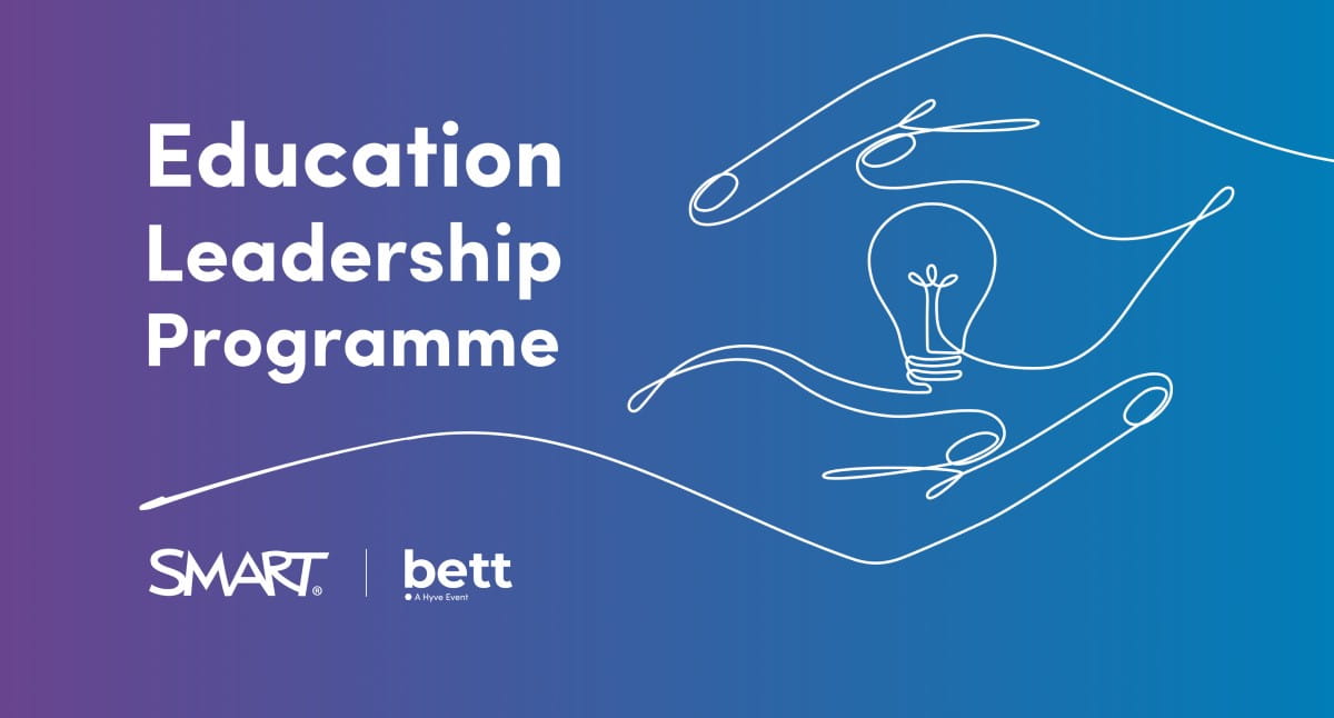 Promotional graphic for the Education Leadership Programme by SMART and Bett, featuring a stylized hand with a lightbulb and threads symbolizing ideas and leadership.