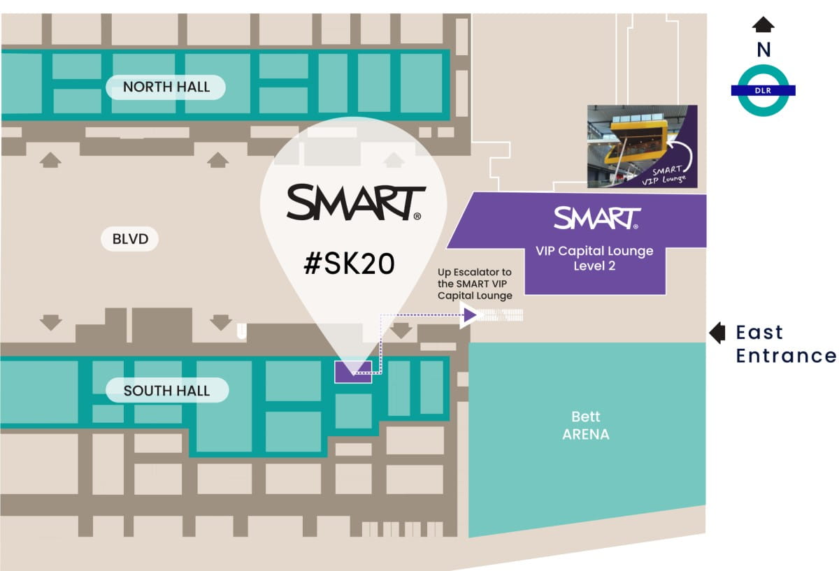 Floor plan of an event highlighting the SMART exhibition area with #SK20 marking and directions to the SMART stand.
