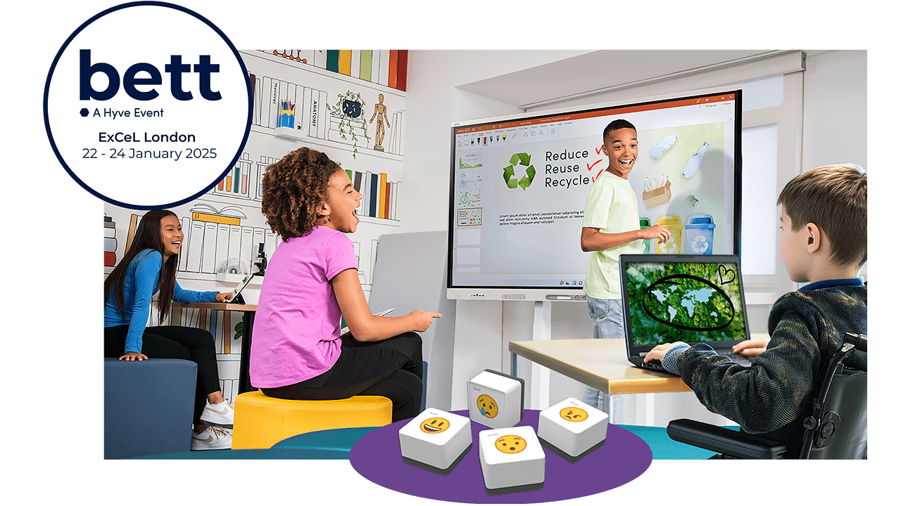 Classroom scene showcasing students collaborating with a SMART Board, with BETT 2025 event details in the top corner.