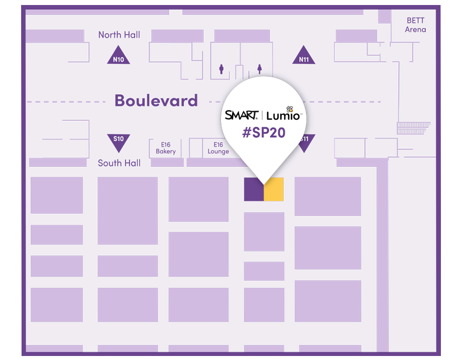 SMART and Lumio booth location (#SP20) indicated on a purple event floor plan.