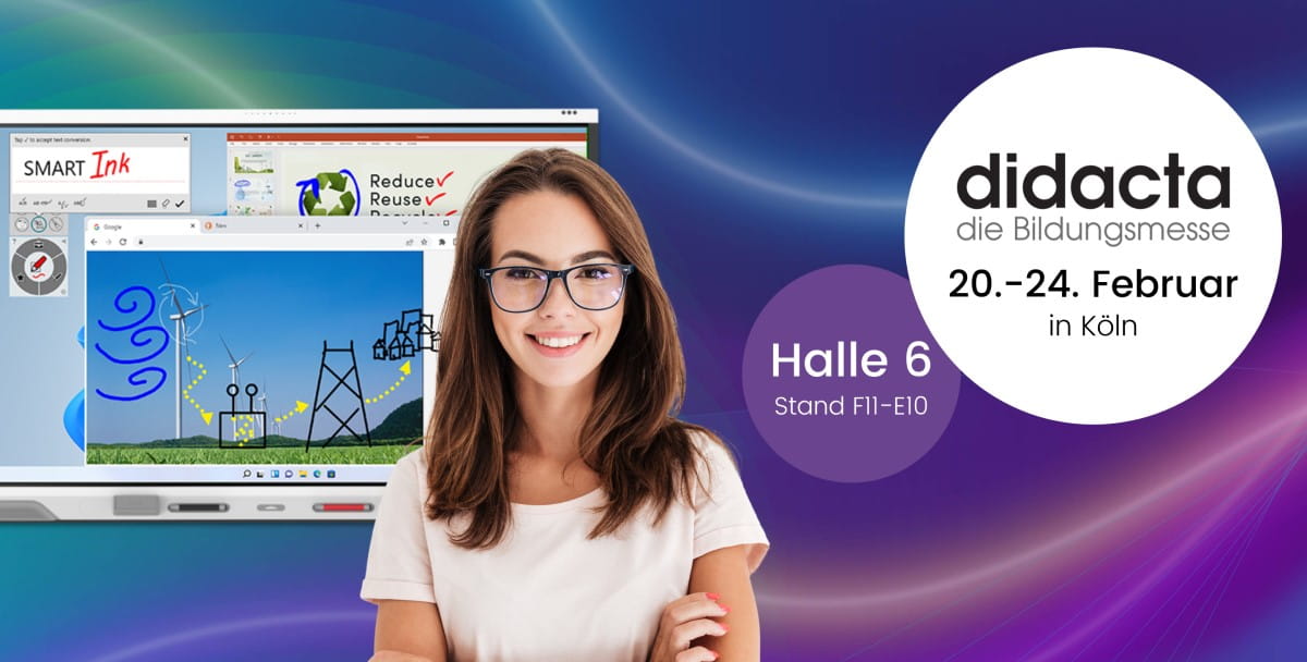 Promotional image for Didacta - the education trade fair, scheduled for 20-24 February in Köln, featuring a woman with glasses and a SMART Ink presentation in the background, indicating interactive educational solutions.