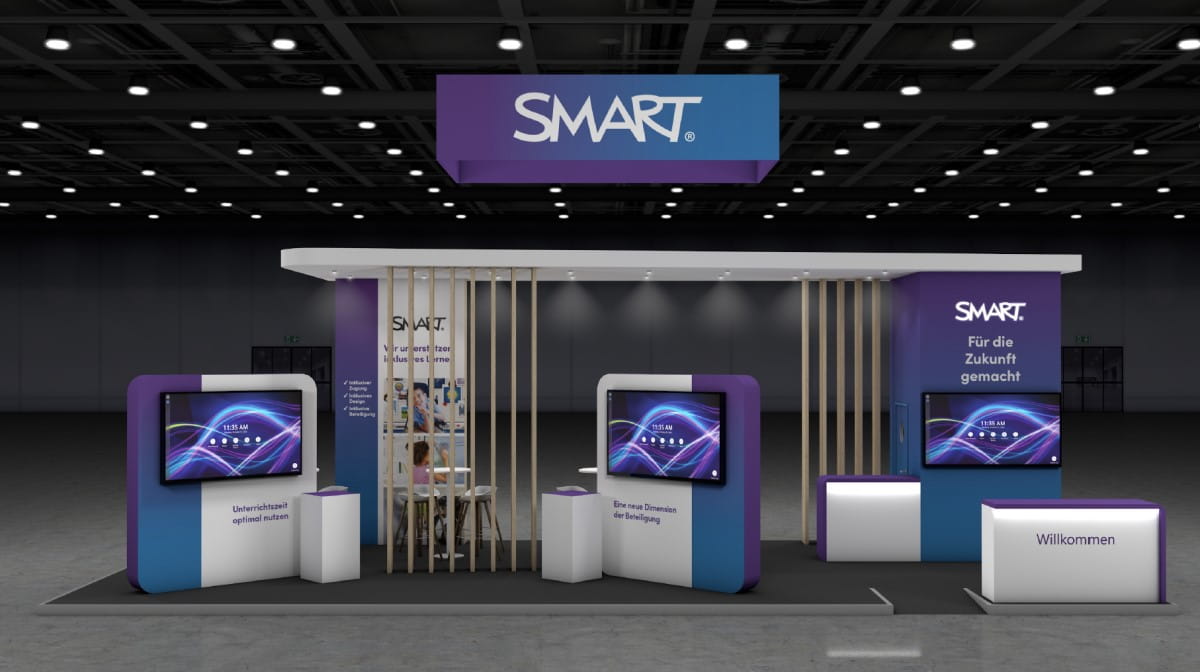 SMART Technologies exhibition booth at Didacta 2024, showcasing interactive displays with educational software, under a large hanging SMART sign, welcoming visitors.