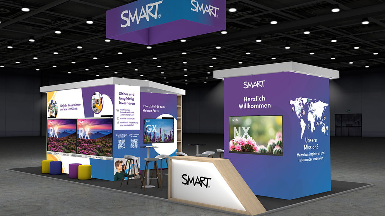 SMART booth setup for Didacta 2025 showcasing RX, GX, and NX series interactive displays.