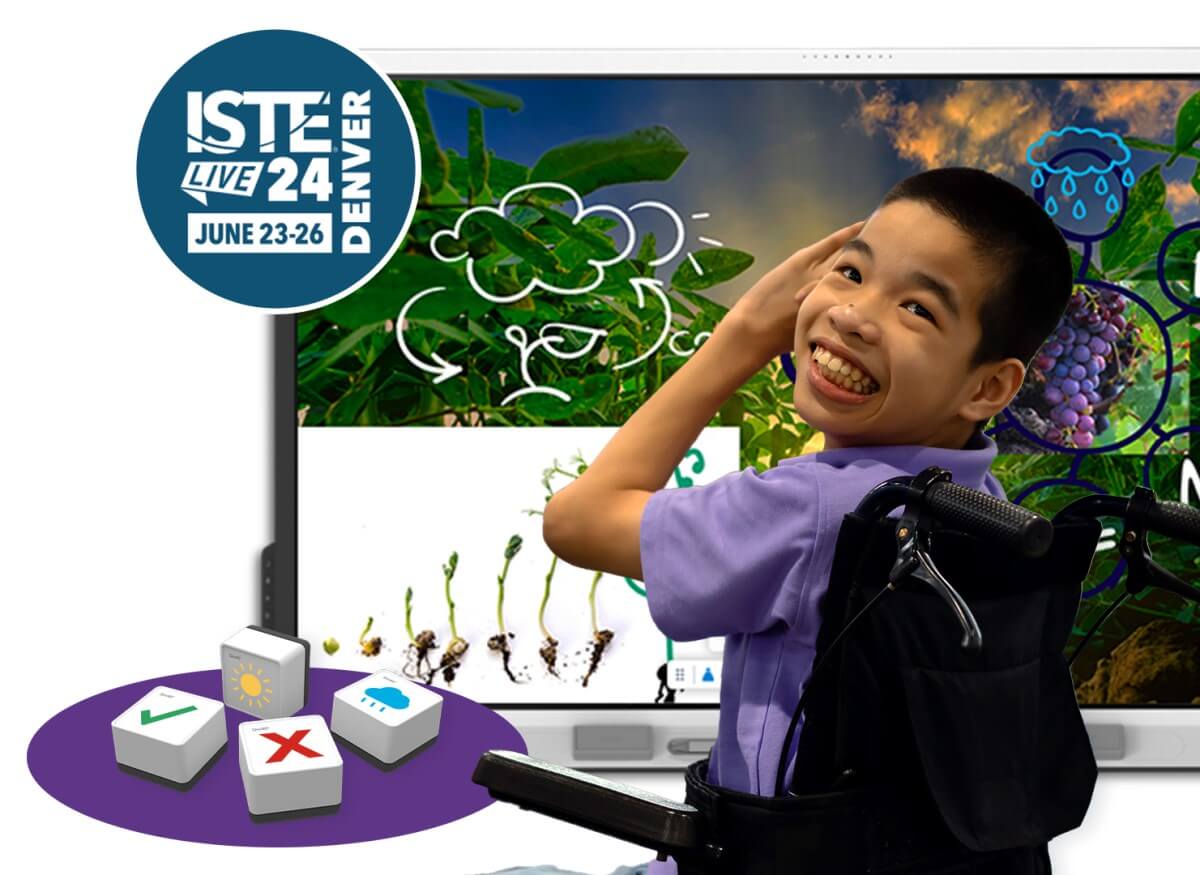 An enthusiastic child in a wheelchair engages with a digital educational tool showing stages of plant development, highlighted with interactive icons. An 'ISTE Live 24 Denver' sign is displayed, promoting the event.
