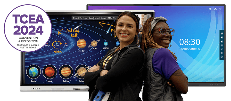 Promotional banner for TCEA 2024 convention featuring two professionals smiling in front of a SMART board displaying a solar system graphic, symbolizing educational technology engagement.