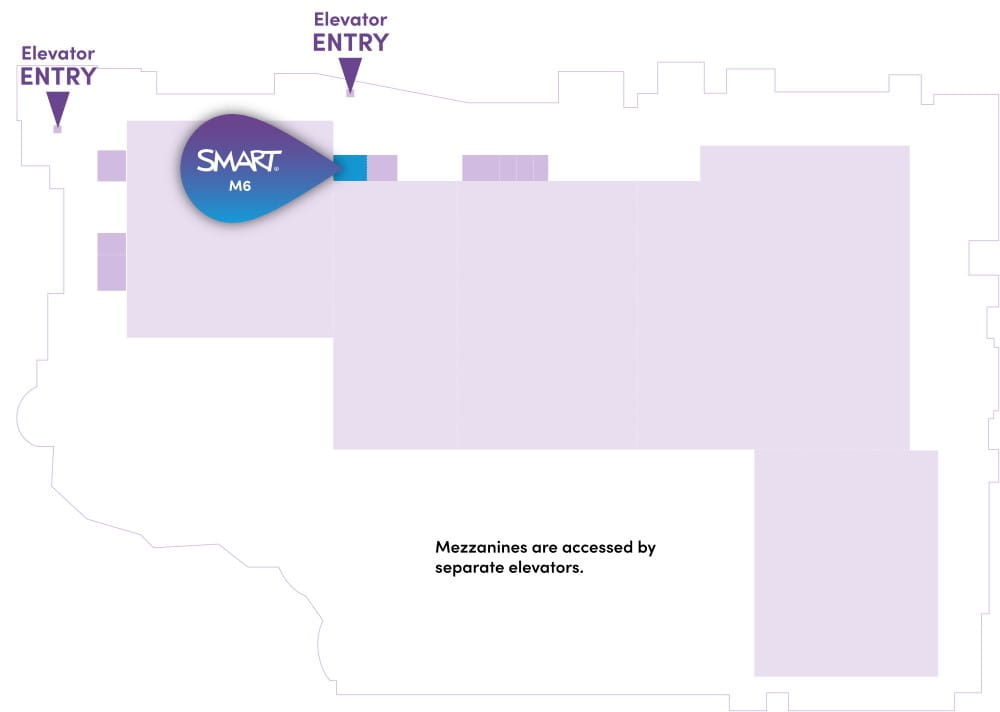 Floor plan of TCEA event showing the location of the SMART booth marked with an M6 label, positioned near two elevator entry points for easy access. Note indicates mezzanines are accessed by separate elevators.