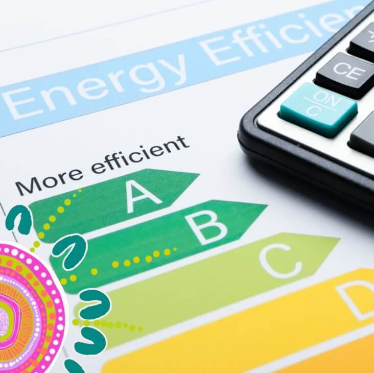 Close-up of an energy efficiency rating chart showing efficiency categories A to D, with a calculator.