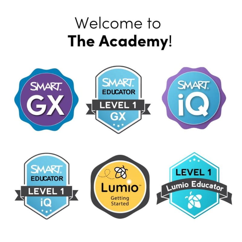 Collection of badges from 'The Academy' including 'SMART GX', 'SMART EDUCATOR LEVEL 1 GX', 'SMART iQ', 'Lumio Getting Started', and 'Lumio Educator LEVEL 1'.