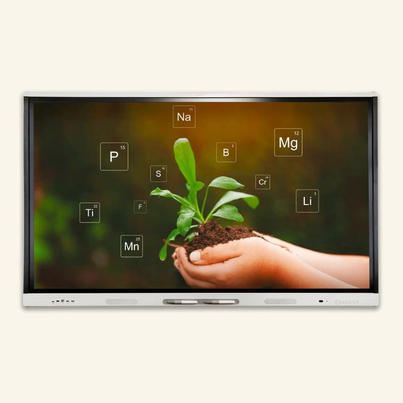 A SMART board displaying an image of a child's hand holding soil, symbolizing environmental commitment and fostering a connection.