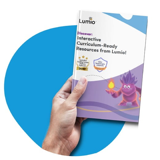 A hand holding a Lumio brochure with the headline 'Discover: Interactive Curriculum-Ready Resources from Lumio!' featuring an animated purple character with flames.