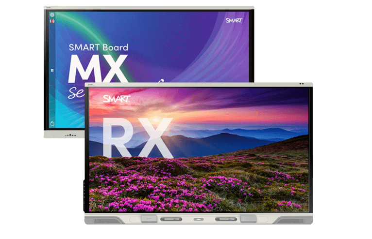 Two SMART interactive displays against a vibrant backdrop, the upper with MX series branding and a purple sky, the lower with RX series and a picturesque mountain sunset.