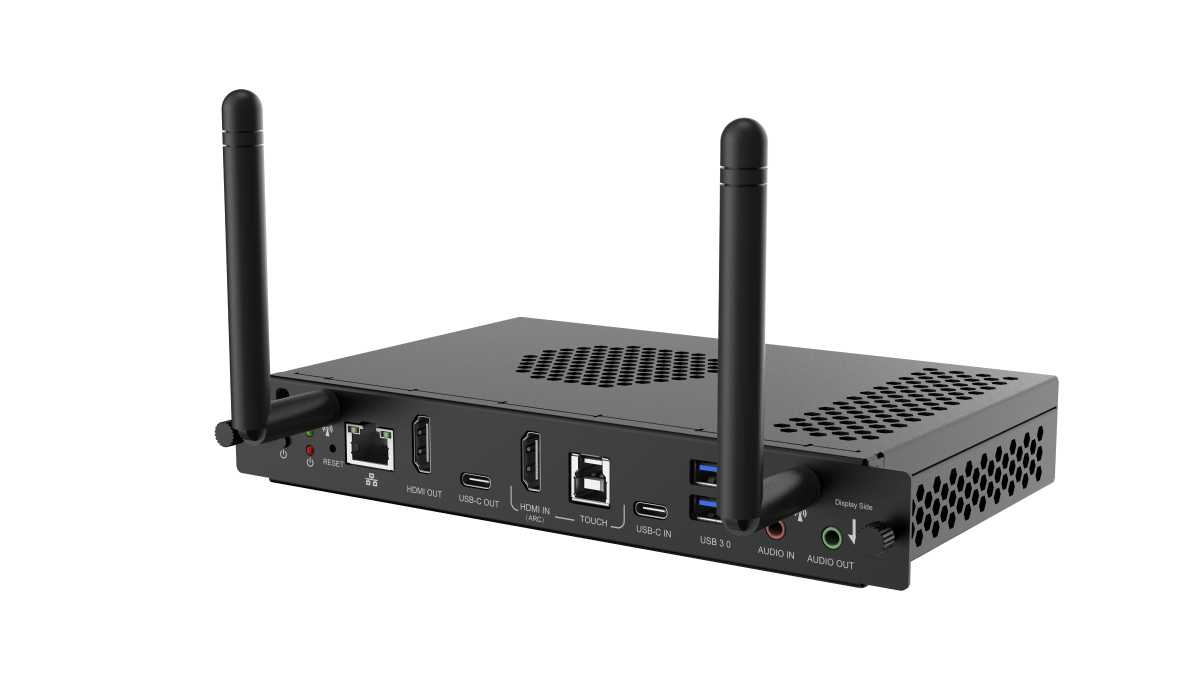 SMART Board AM60 iQ appliance with antennas and ports for iQ-enabled displays, supports Google Play and Microsoft Teams.