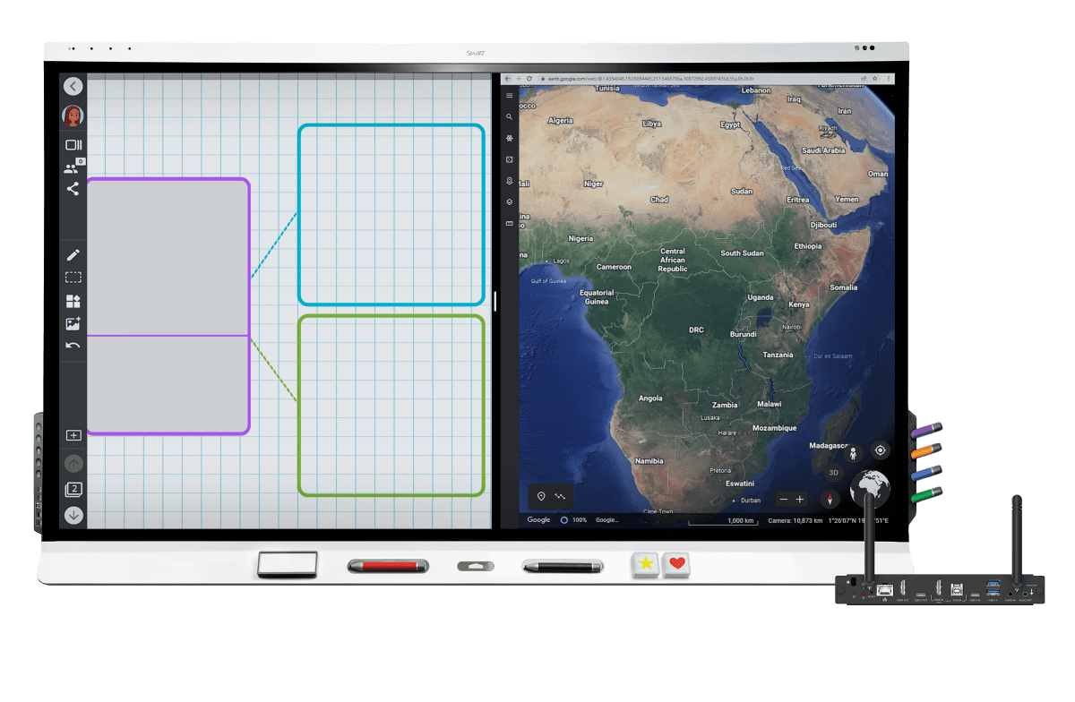 SMART Board with appliance modules displayed alongside a digital interactive whiteboard interface and map of Africa on screen, highlighting technology upgrade options.