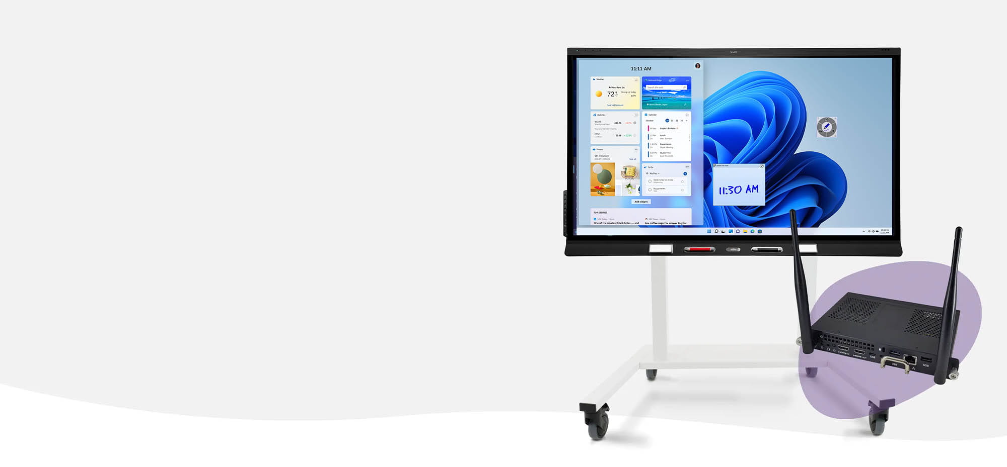 A sleek SMART Board display paired with easy-to-install computing modules, showcasing its user-friendly interface.