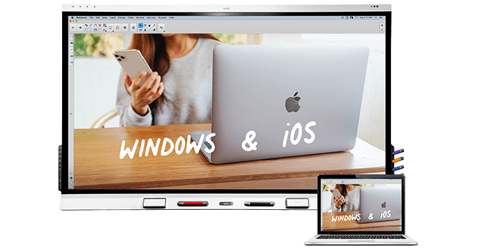 SMART interactive display screen showing compatibility with WINDOWS and iOS operating systems, indicating seamless integration with multiple platforms for diverse technology environments.