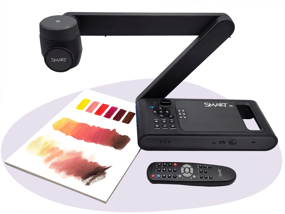 The SMART Document Camera is displayed with its arm extended over a sketchpad showcasing a range of watercolor paint swatches, illustrating the device's capability to clearly project artistic creations for educational purposes.