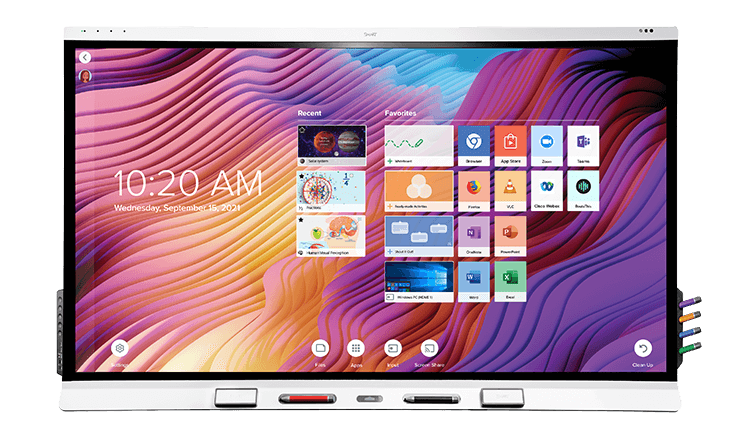 SMART 6000S Series interactive display showcasing a vibrant user interface with various educational apps and tools.