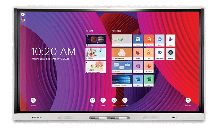 SMART MX Series interactive display with a colorful home screen displaying apps and resources for classroom learning.