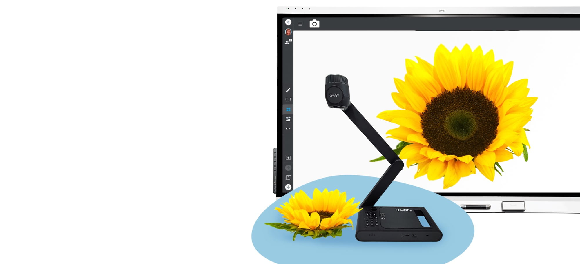 The SMART Document Camera 650, with its sleek black design, is positioned to display a vibrant sunflower on a screen, illustrating its capability to bring vivid, real-world imagery into the classroom.