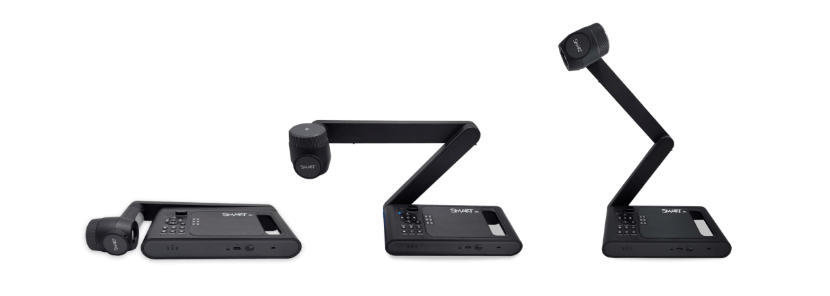 SMART Document Camera displayed in three configurations showcasing its flexibility for various classroom settings, highlighting its ability to enhance interactive learning and visual presentations.