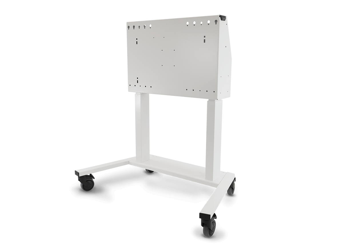 A white mobile stand with a power bar and locking rear cabinet for secure storage and transportation of cables and accessories, designed for creating flexible learning environments.